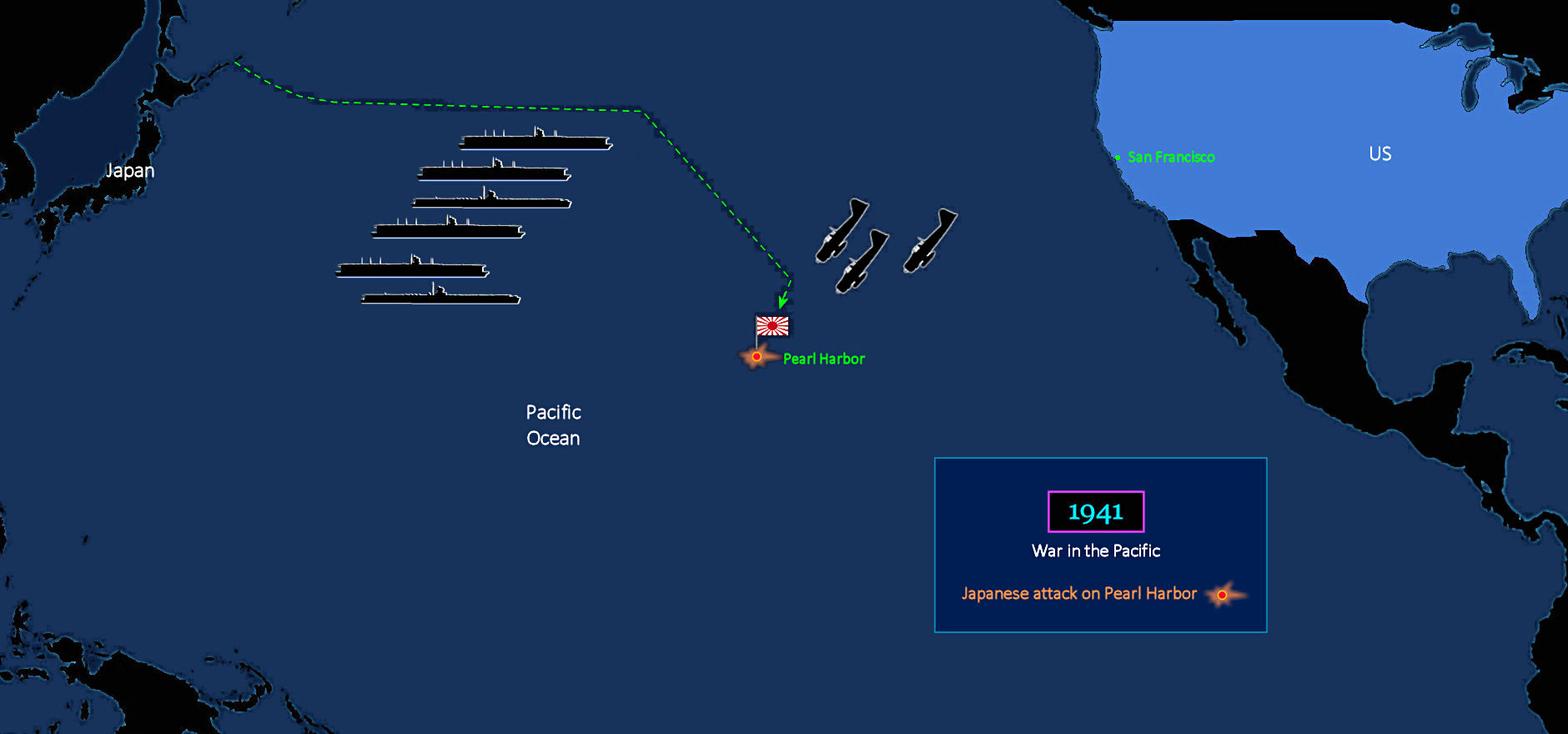 Japan attacks Pearl Harbor, 1941 map